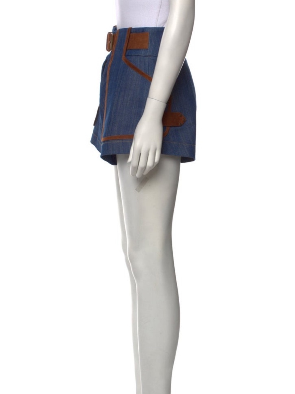 Derek Lam 10 Crosby INTERMIX Shorts Blue HR DARK Wash Saddle Brown Leather Sz 0 - Picture 11 of 13